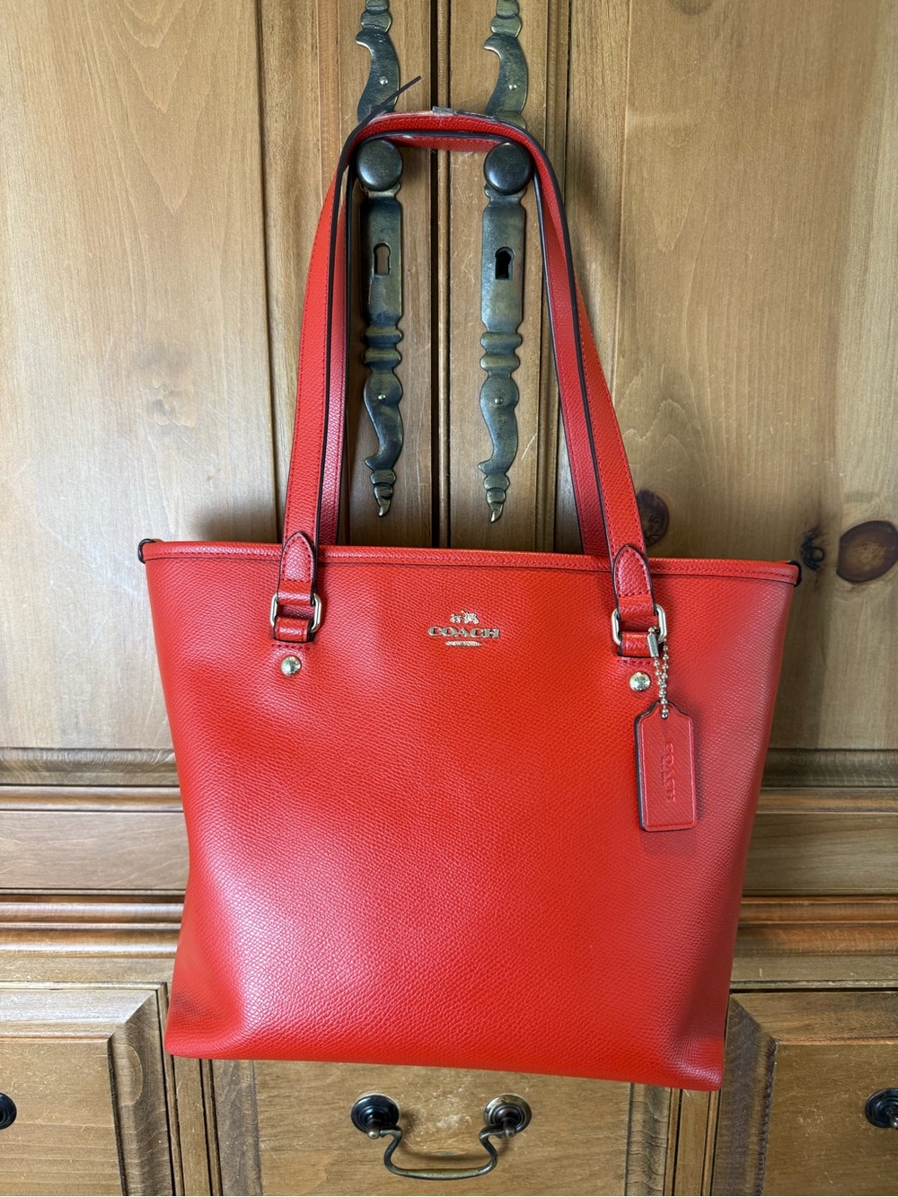 Coach Orange Red Leather Tote with Logo Charm